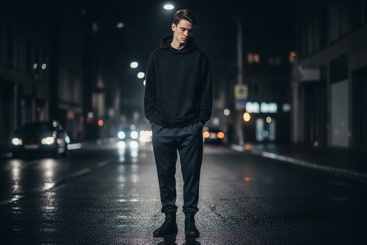 Minimalist streetwear brand hero banner.
Dark, clean aesthetic with a quiet, confident mood.
A young model wearing black and dark-blue streetwear (hoodie, joggers), standing in an urban night environment.
Cinematic lighting, soft shadows, muted colors.
Focus on mood and atmosphere, not logos.
Modern fashion campaign style, premium, minimal, editorial look.
Wide horizontal composition suitable for website hero banner.
High quality, realistic, stylish, not flashy.
